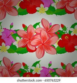 Silk scarf with plumeria flowers on a beige background. 1950s-1960s motifs. Retro textile design collection. Abstract seamless vector pattern with hand drawn floral elements. Autumn colors.