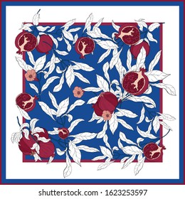 Silk scarf with pomegranate branch with fruits and flowers. Card, bandana print, kerchief design, napkin, wedding invitation, birthday, fabric, healfy food, scrapbook. Ready for print.