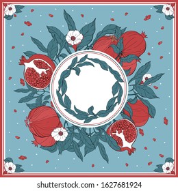 Silk scarf with pomegranate branch with fruits and flowers. Card, bandana print, kerchief design, napkin, wedding invitation, birthday, fabric, healfy food, scrapbook. Ready for print.