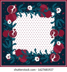 Silk scarf with pomegranate branch with fruits and flowers. Card, bandana print, kerchief design, napkin, wedding invitation, birthday, fabric, healfy food, scrapbook. Ready for print.