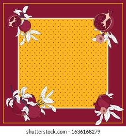 Silk scarf with pomegranate branch with fruits and flowers on red and yellow background.  Card, bandana print, kerchief design, napkin.