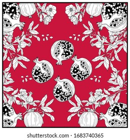 Silk scarf with pomegranate branch with fruits and flowers. Card, bandana print, kerchief design, napkin, wedding invitation, birthday, fabric, healfy food, scrapbook. Ready for print.