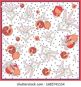 Silk scarf with pomegranate branch with fruits and flowers. Card, bandana print, kerchief design, napkin, wedding invitation, birthday, fabric, healfy food, scrapbook. Ready for print.