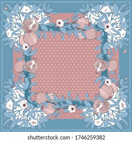 Silk scarf with pomegranate branch with fruits and flowers. Card, bandana print, kerchief design, napkin, wedding invitation, birthday, fabric, healfy food, scrapbook. Ready for print.
