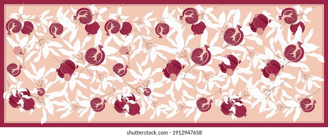 Silk scarf with pomegranate branch with fruits and flowers. Size 180x70. Card, bandana print, kerchief design, napkin, wedding invitation, birthday, fabric, healfy food, scrapbook. Ready for print