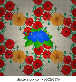 Silk scarf with poppy flowers on a beige background. Autumn colors. 1950s-1960s motifs. Abstract seamless vector pattern with hand drawn floral elements. Retro textile design collection.