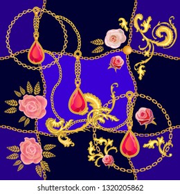 	
Silk scarf with rich baroque motifs.  Pendant with rubies, roses and golden chains on dark background. Women's fashon collection. Golden, blue, red.