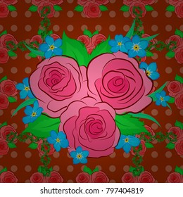 Silk scarf with rose flowers and green leaves in orange and pink colors. Seamless vector pattern with hand drawn floral elements. Retro textile design collection. Autumn colors. 1950s-1960s motifs.