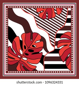 Silk scarf with stripe and leaves on red background