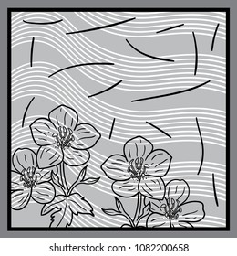 Silk scarf with stripes pattern and flower illustration on gray