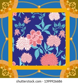 Silk scarf with summer flowers and jewelry elements. Vintage floral print with Japanese motifs. Oriental textile collection. Pink, golden, blue.
