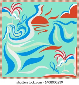 Silk scarf with summer flowers and ship
