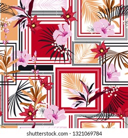 Silk scarf tropical blossom seamless vector pattern with hand drawn floral elements.Summer bright with modern frame Design for fashion ,fabric ,wallpaper, web and all prints on white background color