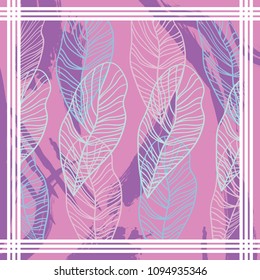 Silk scarf vector pattern with the image of linear leaves and brush