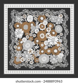 Silk scarf with wild flowers. Abstract seamless vector pattern with hand drawn floral elements.