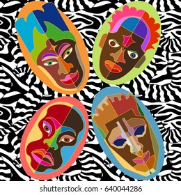 Silk scarf with zebra print and ritual African masks. Ethnic textile collection.