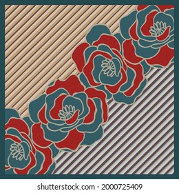 Silk scarves with flower and geometry lines design. Vintage scarf pattern