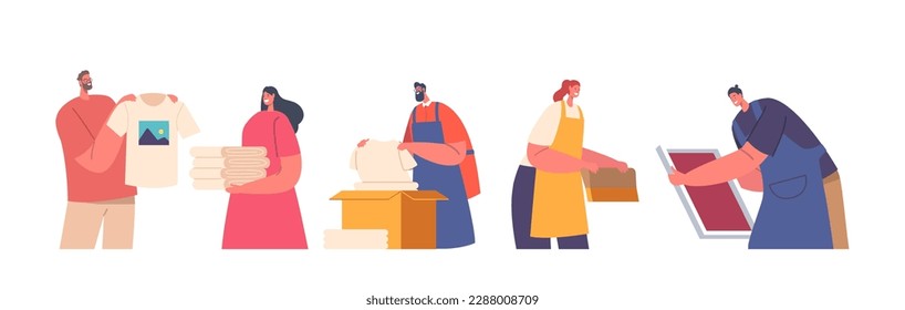 Silk Screen Printing Workers Male and Female Characters with Professional Tools as Mesh Stencil Frame, Squeegee