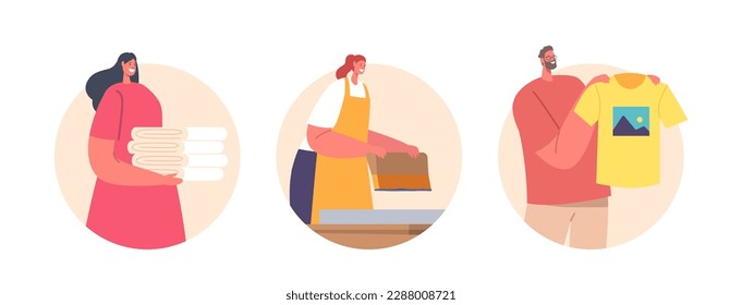 Silk Screen Printing Workers Male and Female Characters with Squeegee and T-shirt with Designs Isolated Round Icons