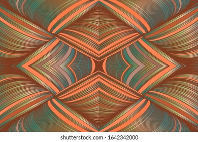 Silk shiny fabric seamless pattern, stripes. 3d geometric pattern, gradient metal, color orange, blue, golden. Vector pattern for cover, brochure, magazine, background.