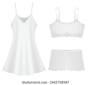 Silk sleeping dress, panties, bra. vector illustration