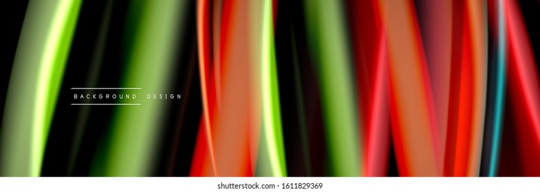 Seide und glatte Strömung Welle Poster Design. Farbwellen, flüssige Linien und Formen auf schwarzem Hintergrund. Vektorgrafik für Bildschirmhintergründe, Banner, Hintergrund, Karte, Buch, Illustration, Landung