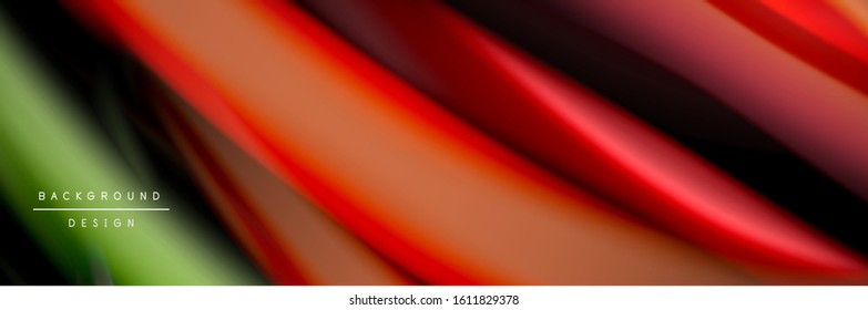 Silk and smooth flow wave poster design. Color waves, liquid style lines and shapes in black color background. Vector Illustration For Wallpaper, Banner, Background, Card, Book, Illustration, landing