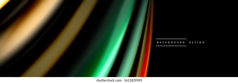 Silk and smooth flow wave poster design. Color waves, liquid style lines and shapes in black color background. Vector Illustration For Wallpaper, Banner, Background, Card, Book, Illustration, landing