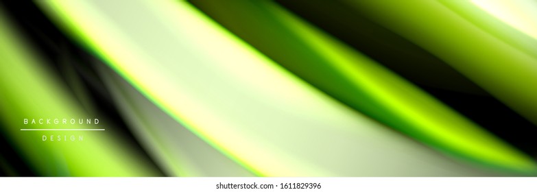 Silk and smooth flow wave poster design. Color waves, liquid style lines and shapes in black color background. Vector Illustration For Wallpaper, Banner, Background, Card, Book, Illustration, landing