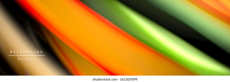Silk and smooth flow wave poster design. Color waves, liquid style lines and shapes in black color background. Vector Illustration For Wallpaper, Banner, Background, Card, Book, Illustration, landing