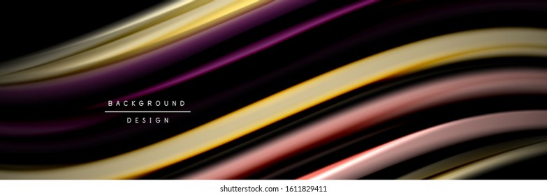 Seide und glatte Strömung Welle Poster Design. Farbwellen, flüssige Linien und Formen auf schwarzem Hintergrund. Vektorgrafik für Bildschirmhintergründe, Banner, Hintergrund, Karte, Buch, Illustration, Landung