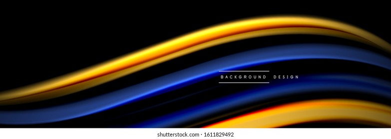 Seide und glatte Strömung Welle Poster Design. Farbwellen, flüssige Linien und Formen auf schwarzem Hintergrund. Vektorgrafik für Bildschirmhintergründe, Banner, Hintergrund, Karte, Buch, Illustration, Landung