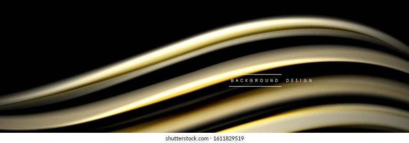 Seide und glatte Strömung Welle Poster Design. Farbwellen, flüssige Linien und Formen auf schwarzem Hintergrund. Vektorgrafik für Bildschirmhintergründe, Banner, Hintergrund, Karte, Buch, Illustration, Landung