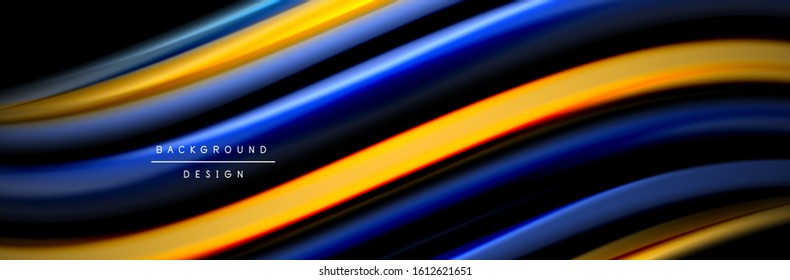 Silk and smooth flow wave poster design. Color waves, liquid style lines and shapes in black color background. Vector Illustration For Wallpaper, Banner, Background, Card, Book, Illustration, landing