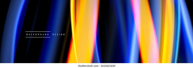 Silk and smooth flow wave poster design. Color waves, liquid style lines and shapes in black color background. Vector Illustration For Wallpaper, Banner, Background, Card, Book, Illustration, landing