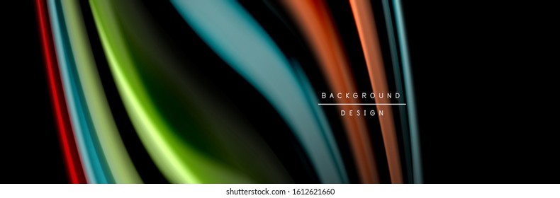Seide und glatte Strömung Welle Poster Design. Farbwellen, flüssige Linien und Formen auf schwarzem Hintergrund. Vektorgrafik für Bildschirmhintergründe, Banner, Hintergrund, Karte, Buch, Illustration, Landung