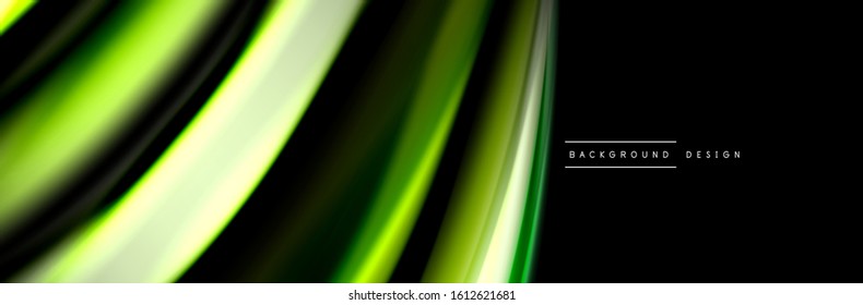 Silk and smooth flow wave poster design. Color waves, liquid style lines and shapes in black color background. Vector Illustration For Wallpaper, Banner, Background, Card, Book, Illustration, landing