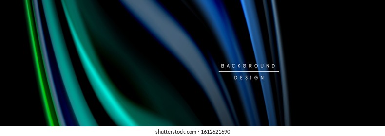 Silk and smooth flow wave poster design. Color waves, liquid style lines and shapes in black color background. Vector Illustration For Wallpaper, Banner, Background, Card, Book, Illustration, landing