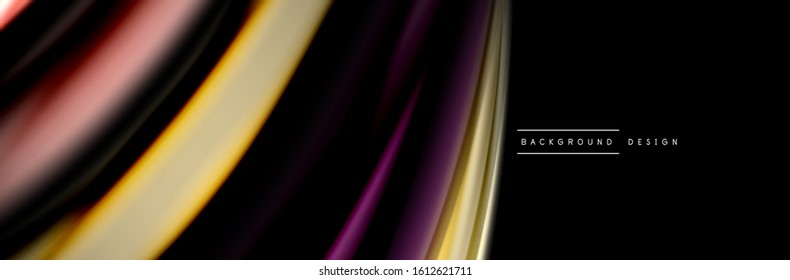 Silk and smooth flow wave poster design. Color waves, liquid style lines and shapes in black color background. Vector Illustration For Wallpaper, Banner, Background, Card, Book, Illustration, landing