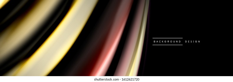 Silk and smooth flow wave poster design. Color waves, liquid style lines and shapes in black color background. Vector Illustration For Wallpaper, Banner, Background, Card, Book, Illustration, landing