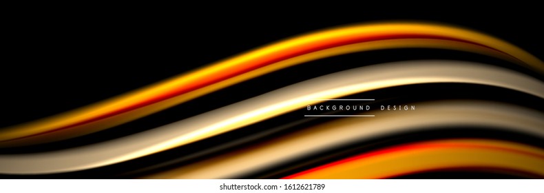 Silk and smooth flow wave poster design. Color waves, liquid style lines and shapes in black color background. Vector Illustration For Wallpaper, Banner, Background, Card, Book, Illustration, landing
