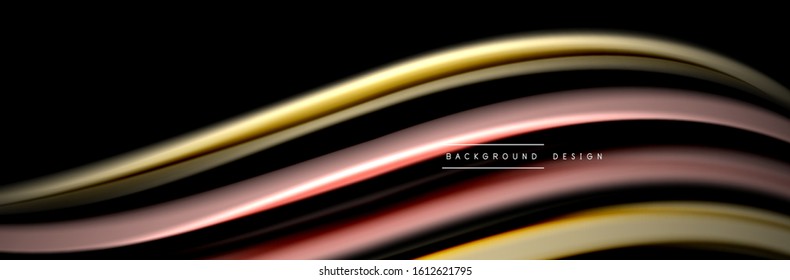 Silk and smooth flow wave poster design. Color waves, liquid style lines and shapes in black color background. Vector Illustration For Wallpaper, Banner, Background, Card, Book, Illustration, landing