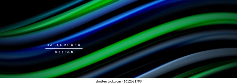 Silk and smooth flow wave poster design. Color waves, liquid style lines and shapes in black color background. Vector Illustration For Wallpaper, Banner, Background, Card, Book, Illustration, landing