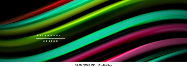 Silk and smooth flow wave poster design. Color waves, liquid style lines and shapes in black color background. Vector Illustration For Wallpaper, Banner, Background, Card, Book, Illustration, landing