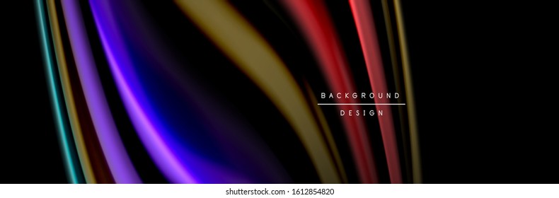 Seide und glatte Strömung Welle Poster Design. Farbwellen, flüssige Linien und Formen auf schwarzem Hintergrund. Vektorgrafik für Bildschirmhintergründe, Banner, Hintergrund, Karte, Buch, Illustration, Landung