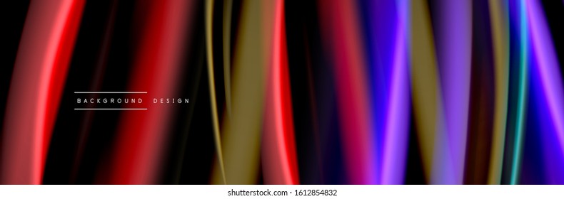 Silk and smooth flow wave poster design. Color waves, liquid style lines and shapes in black color background. Vector Illustration For Wallpaper, Banner, Background, Card, Book, Illustration, landing
