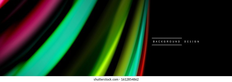 Silk and smooth flow wave poster design. Color waves, liquid style lines and shapes in black color background. Vector Illustration For Wallpaper, Banner, Background, Card, Book, Illustration, landing