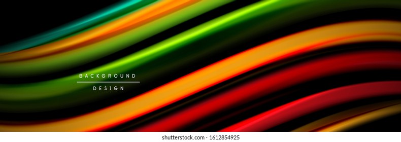 Silk and smooth flow wave poster design. Color waves, liquid style lines and shapes in black color background. Vector Illustration For Wallpaper, Banner, Background, Card, Book, Illustration, landing