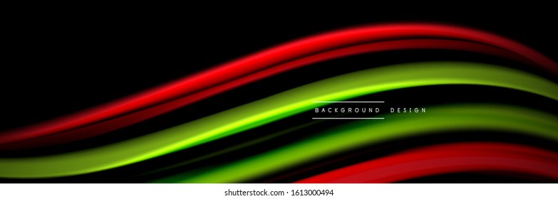 Silk and smooth flow wave poster design. Color waves, liquid style lines and shapes in black color background. Vector Illustration For Wallpaper, Banner, Background, Card, Book, Illustration, landing