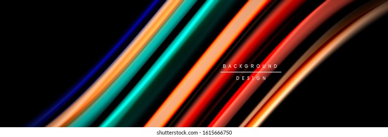 Silk and smooth flow wave poster design. Color waves, liquid style lines and shapes in black color background. Vector Illustration For Wallpaper, Banner, Background, Card, Book, Illustration, landing
